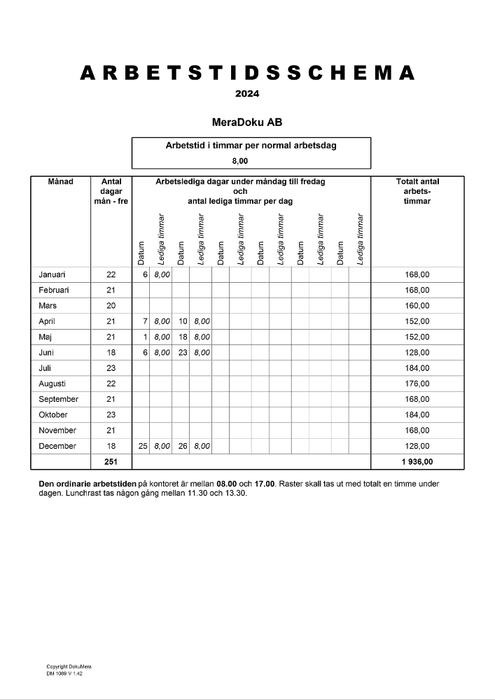 Arbetstidsschema 2024