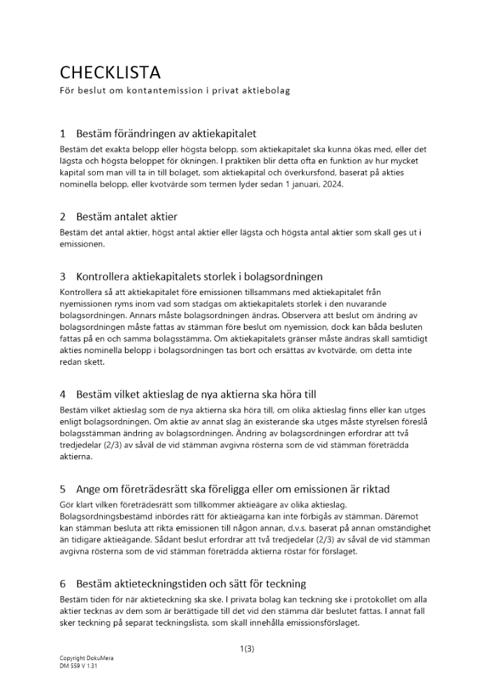 Checklista beslut kontantemission - Privat AB