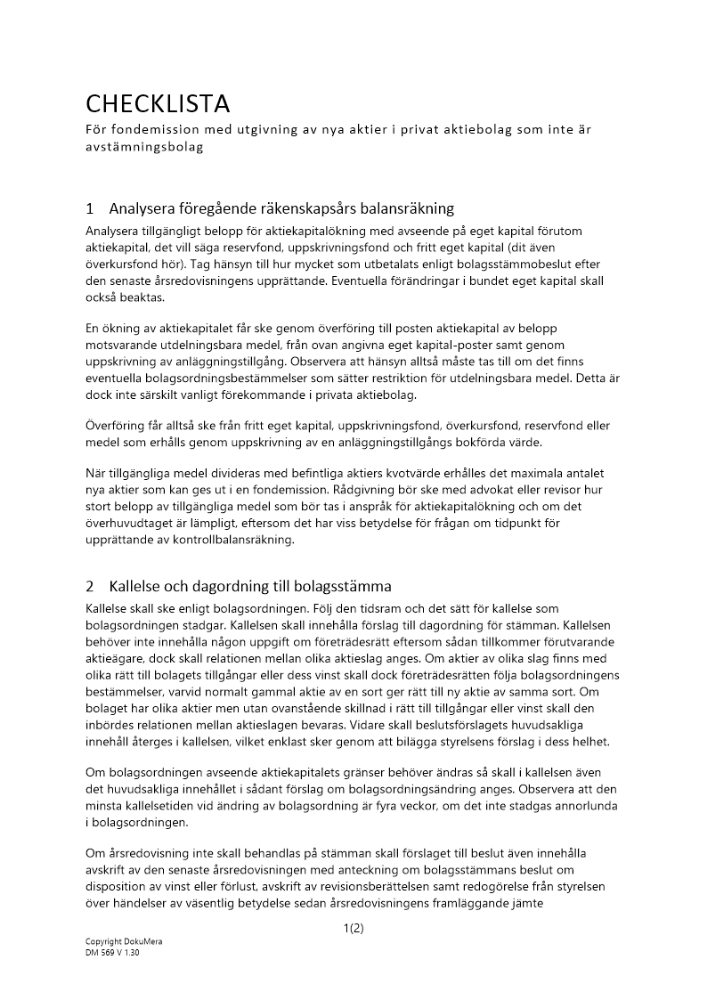 Checklista fondemission med utgivande av nya aktier privat AB