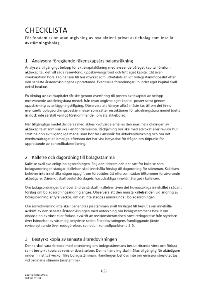 Checklista fondemission utan utgivande av nya aktier - Privat AB