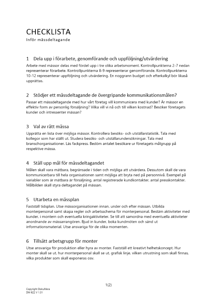 Checklista mässdeltagande