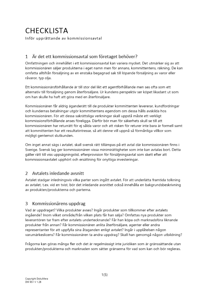 Checklista kommissionsavtal