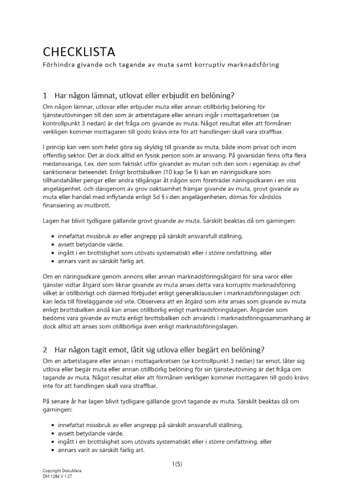 Checklista förhindra givande och tagande av muta
