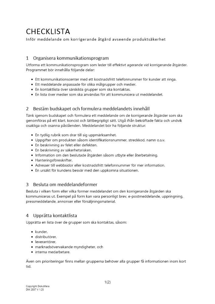 Checklista meddelande korr åtgärd produktsäkerhet