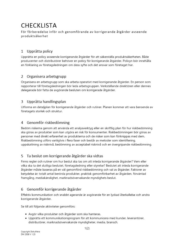 Checklista korrigerande åtgärder produktsäkerhet