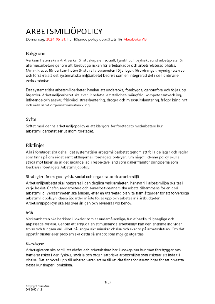 Arbetsmiljöpolicy Arbetsmiljöpolicy