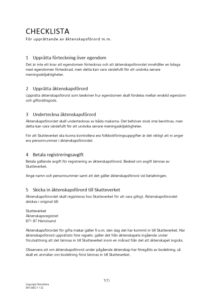 Checklista för upprättande av äktenskapsförord mm