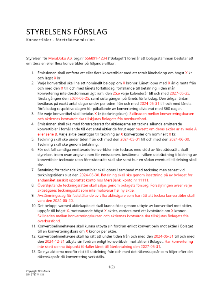 Styrelsens förslag - Företrädesemission (konvertibler) - Privat avstämningsbolag 2024