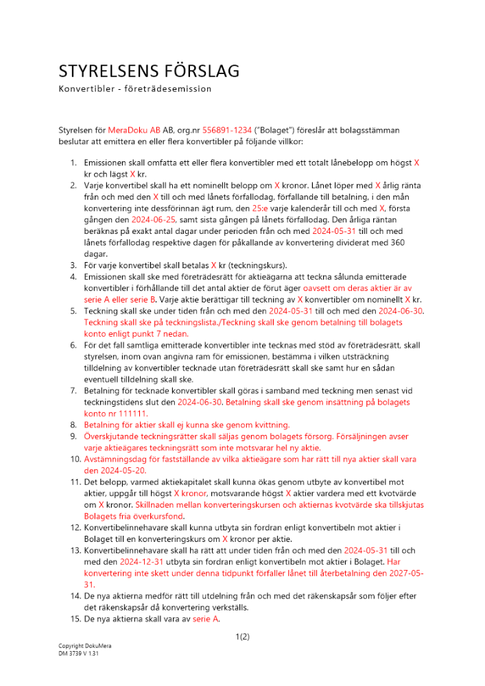 Styrelsens förslag - Företrädesemission (konvertibler) - Publikt avstämningsbolag 2024