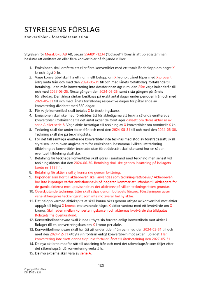 Styrelsens förslag - Företrädesemission (konvertibler) - Publikt ej avstämningsbolag 2024