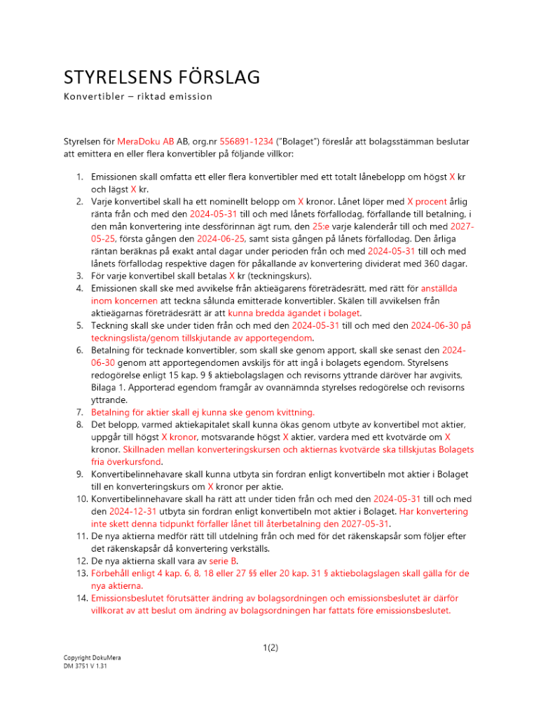 Styrelsens förslag - Riktad konvertibelemission (apport) - publikt ej avstämningsbolag 2024