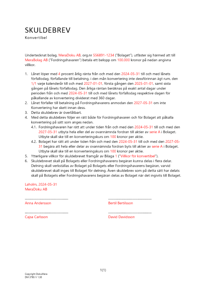 Skuldebrev (Order) - Rätt för bolaget och innehavare 2024