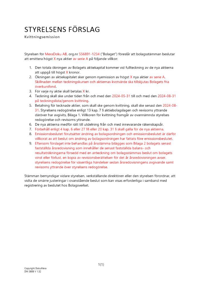 Styrelsens förslag - Kvittningsemission - Publikt avstämningsbolag 2024