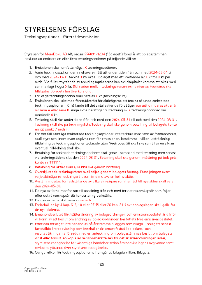 Styrelsens förslag - Teckningsoptioner (företräde) - Publikt avstämningsbolag 2024