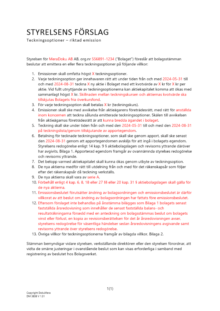 Styrelsens förslag - Riktad apportemission - Teckningsoptioner - Privat avstämningsbolag 2024