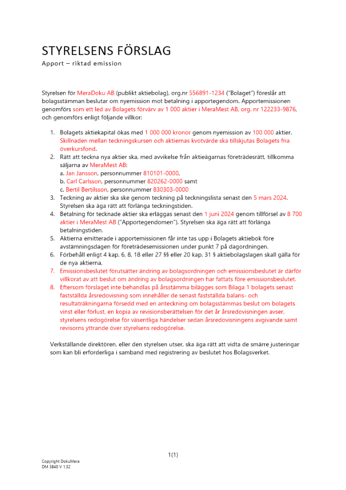 Styrelsens förslag - Riktad apportemission - Teckningsoptioner - Publikt avstämningsbolag 2024