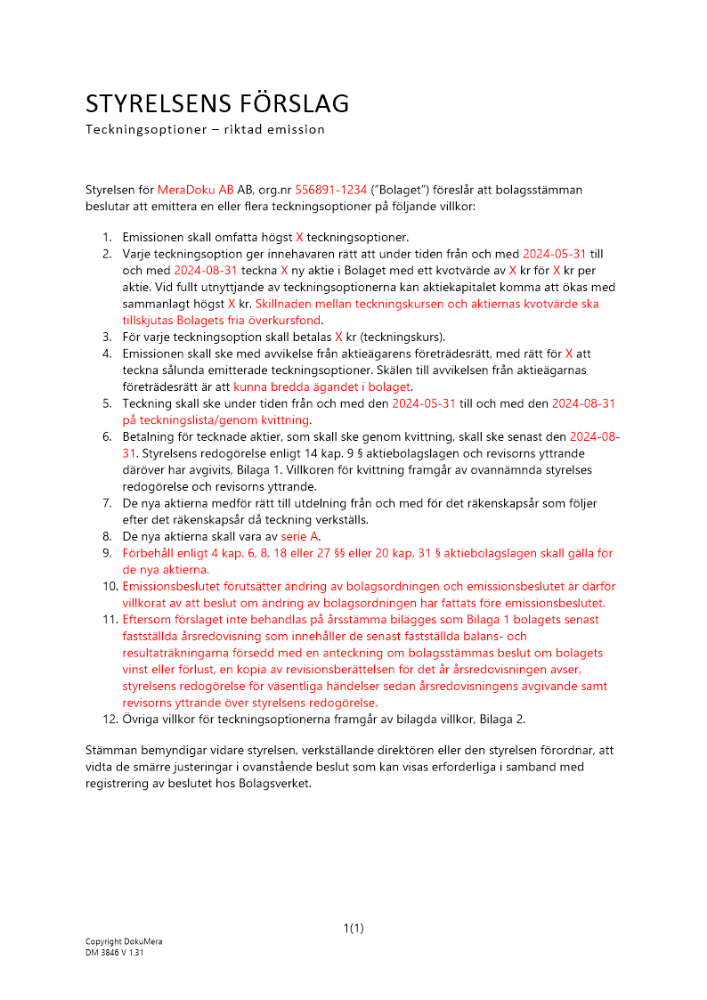 Styrelsens förslag - Riktad kvittningsemission - Teckningsoptioner - Privat avstämningsbolag 2024