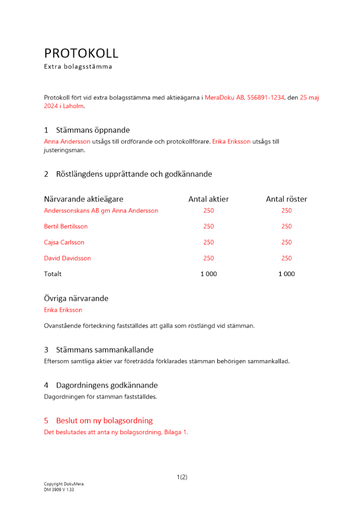 Protokoll från extra bolagsstämma - Utdelning Avstämningsbolag