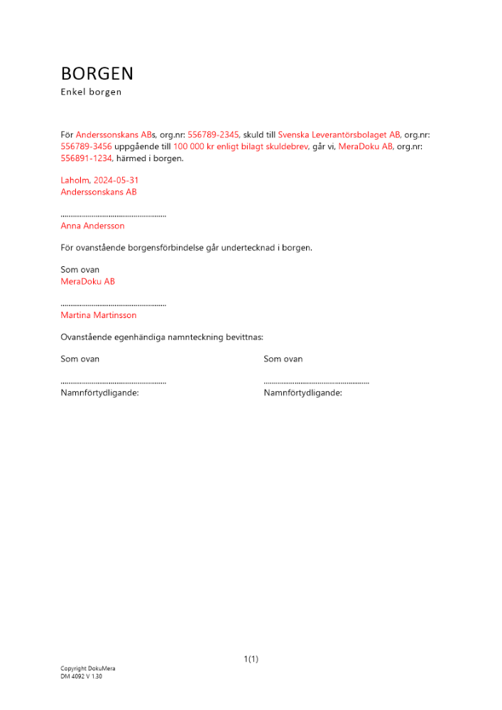 Enkel borgen av företag (Standard med efterborgen)