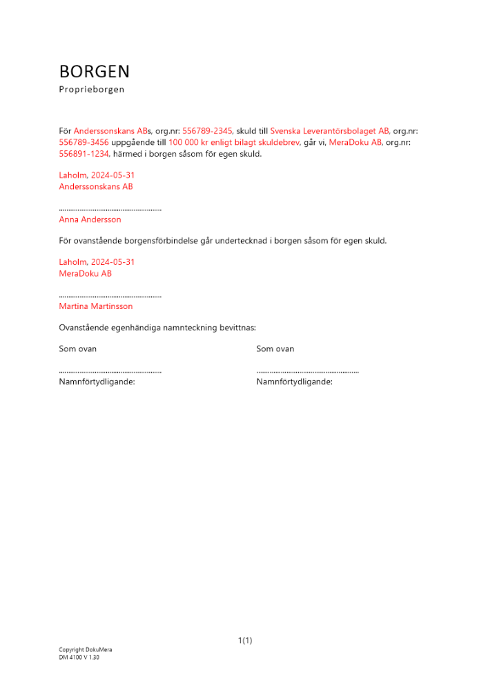 Proprieborgen av företag (Standard med efterborgen)
