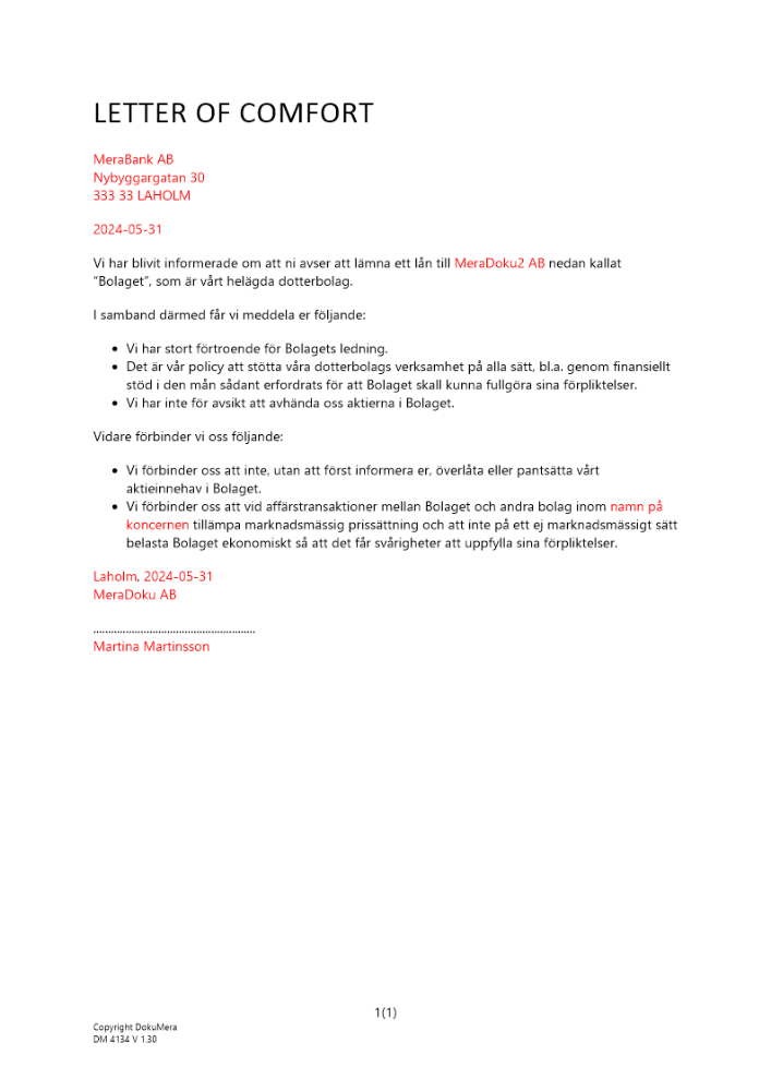 Stödbrev av moderbolag (Letter of Comfort med vissa åtaganden)