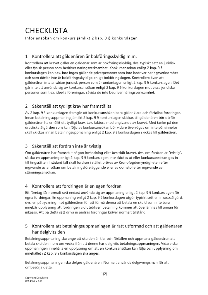 Checklista inför ansökan om konkurs efter betalningsuppmaning jml 2 kap 9 _ konkurslagen