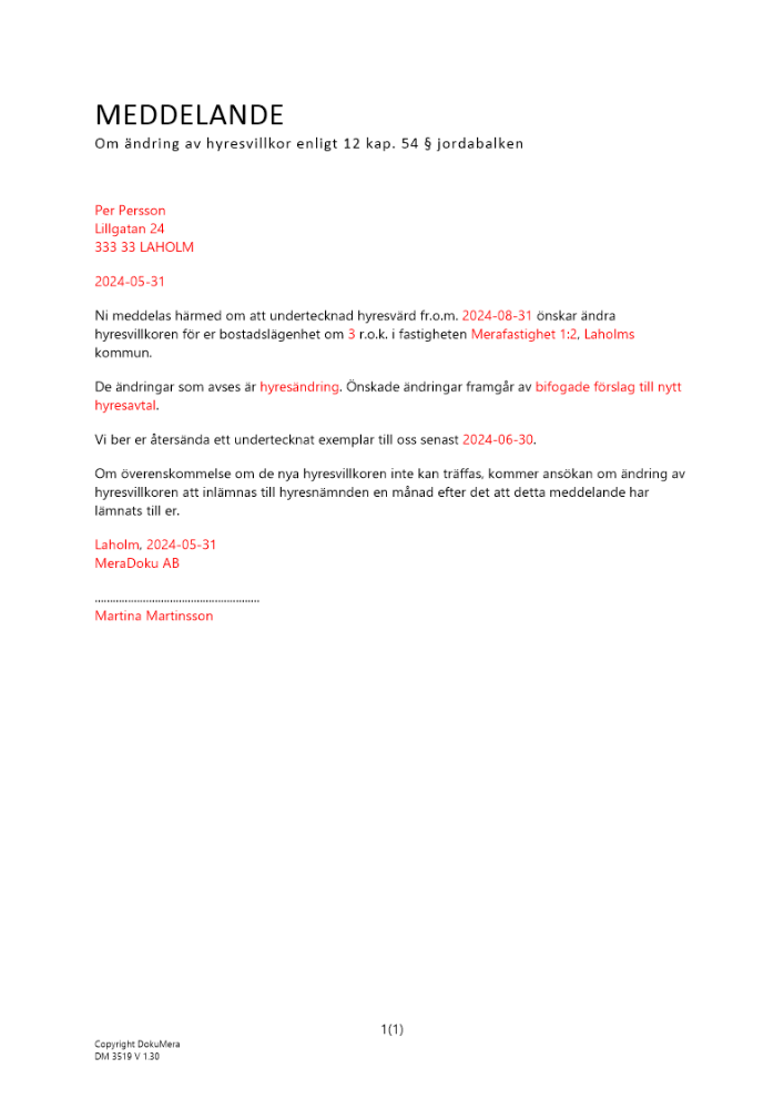 Meddelande om ändring av hyresvillkor enligt 12 kap 54 § jordabalken