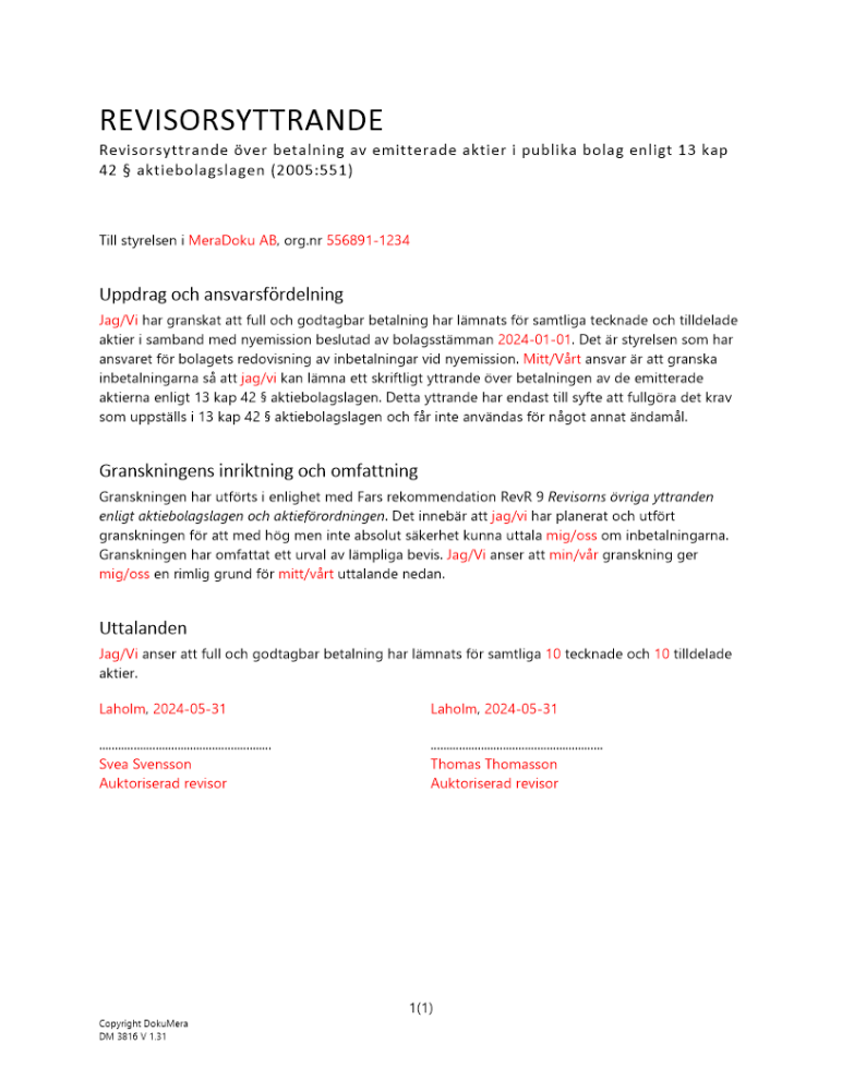 Revisorsyttrande enl 13 kap 42 § ABL (Emission i pengar)