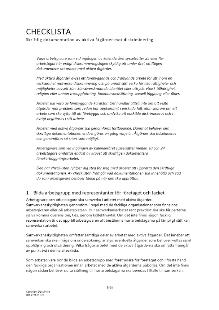 Checklista skriftlig dokumentation av aktiva åtgärder mot diskriminering