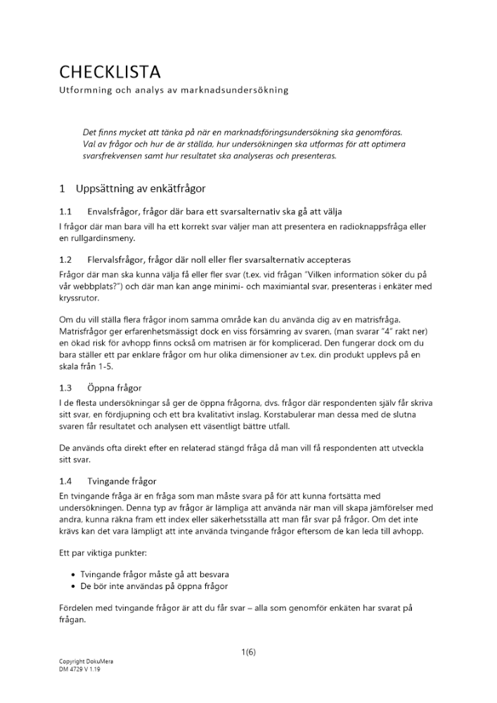 Checklista utformning och analys av marknadsundersökning