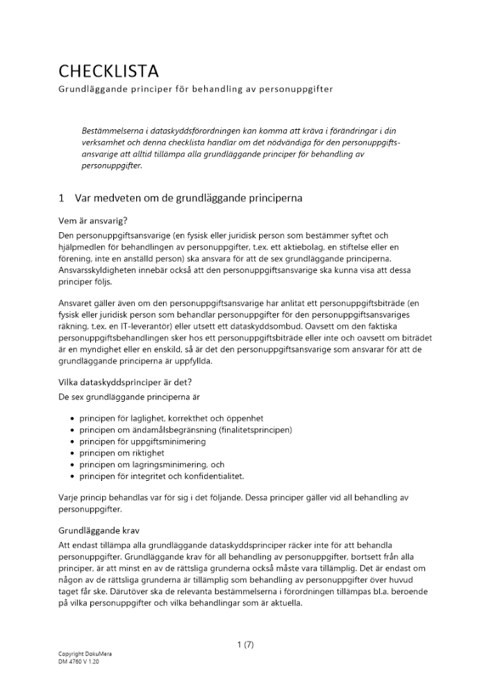 Checklista principer för behandling av personuppgifter 2024