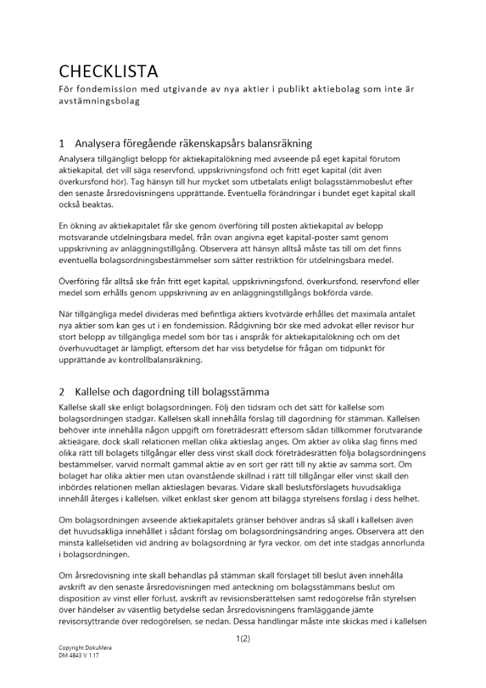 Checklista fondemission med utgivande av nya aktier - Publikt AB