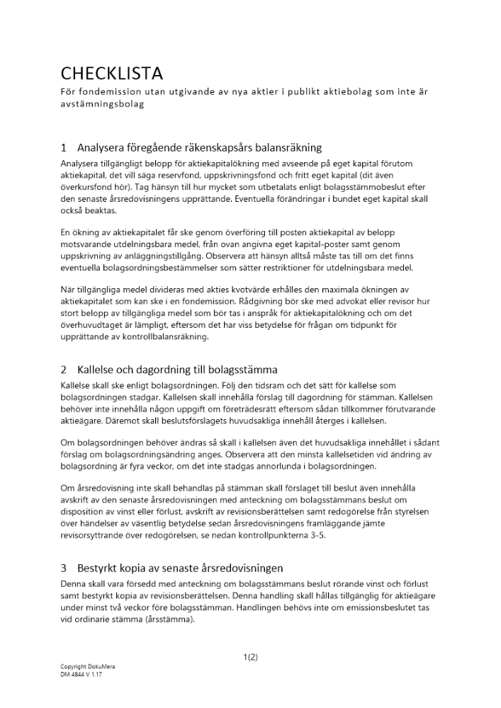 Checklista fondemission utan utgivande av nya aktier - Publikt AB