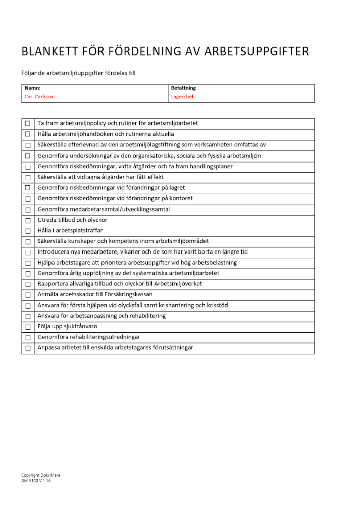 Blankett för fördelning av arbetsmiljöuppgifter