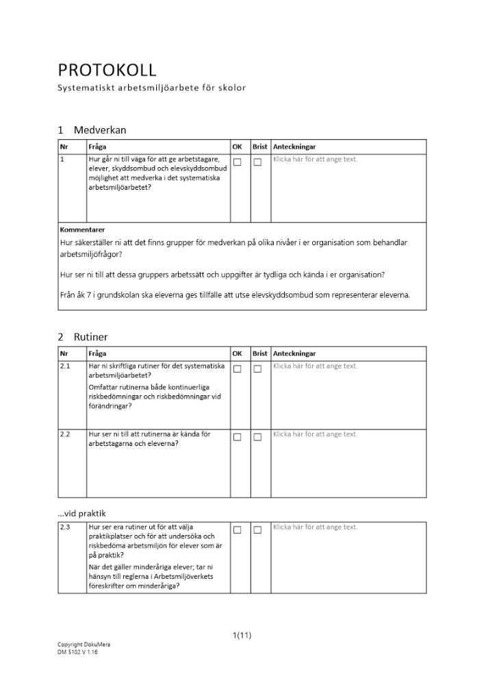 Protokoll - systematiskt arbetsmiljöarbete för skolor