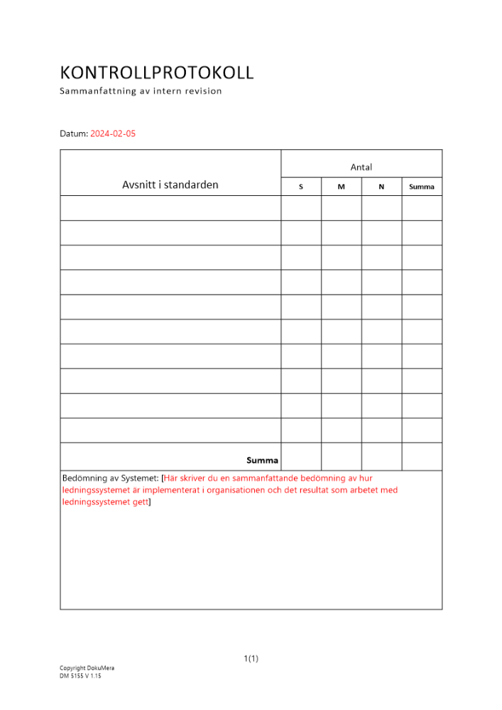 Kontrollprotokoll - sammanfattning av intern revision ISO 9001 och 14001