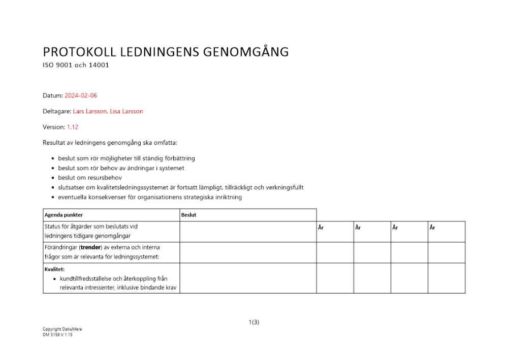 Protokoll ledningens genomgång av ISO 9001 och 14001