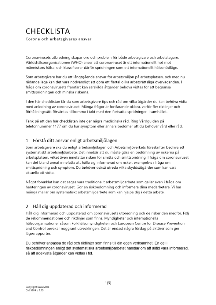 Checklista - corona och arbetsgivares ansvar