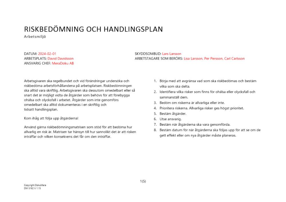 Riskbedömning och handlingsplan - arbetsmiljö