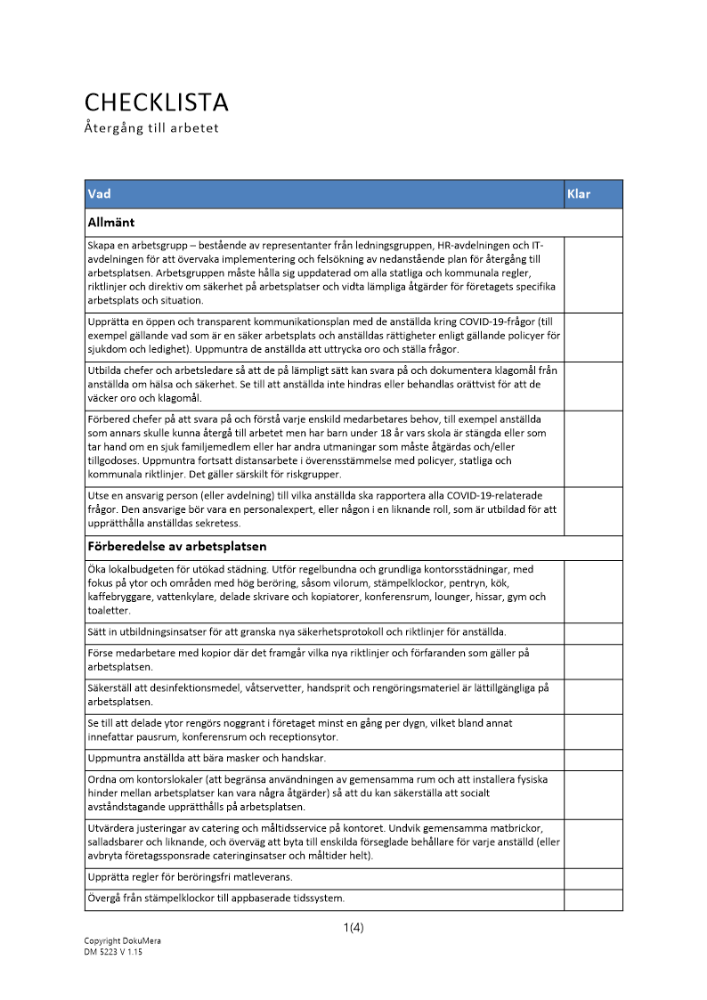 Checklista återgång till arbete efter corona