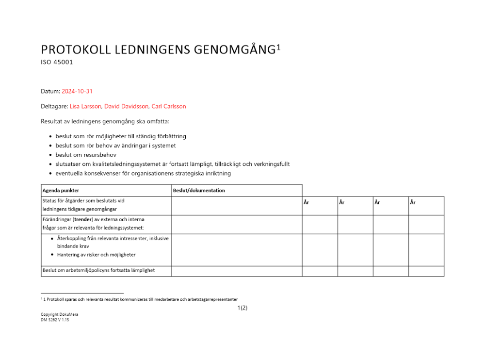 Protokoll ledningens genomgång av ISO 45001