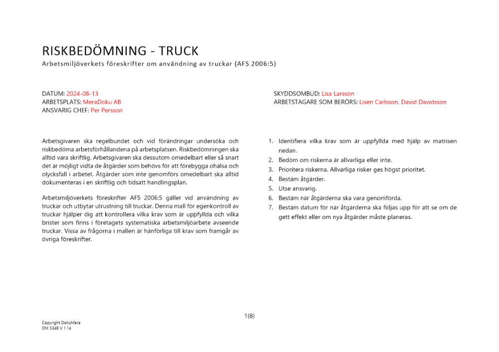 Riskbedömning - användning av truck 2024