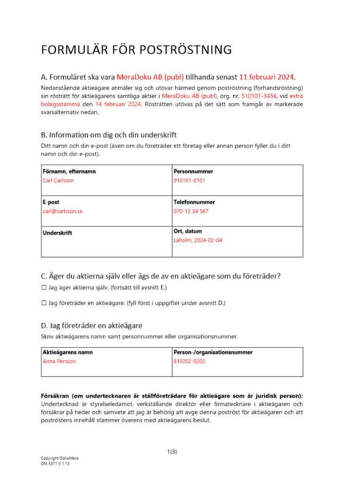 Formulär för poströstning marknadsnoterat bolag