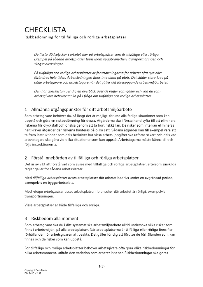 Checklista riskbedömning för tillfälliga och rörliga arbetsplatser