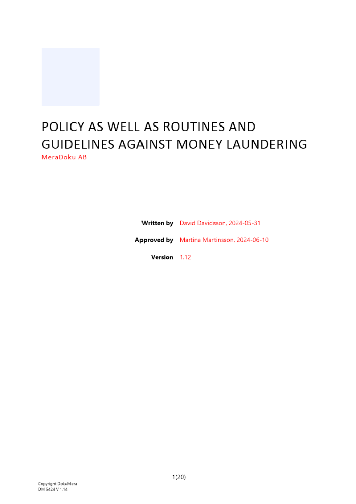 Policy samt rutiner och riktlinjer mot penningtvätt Engelsk 2024