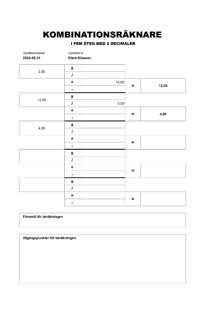 Kombinationsräknare fem steg två decimaler