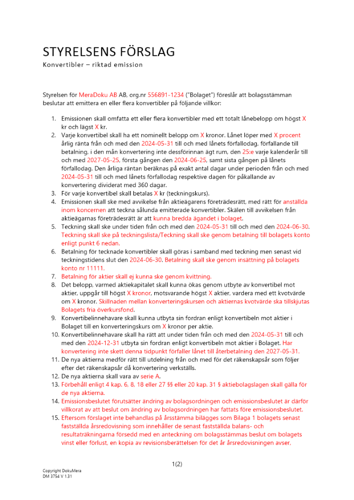 Styrelsens förslag – Riktad konvertibelemission (kontant) - Publikt avstämningsbolag 2024