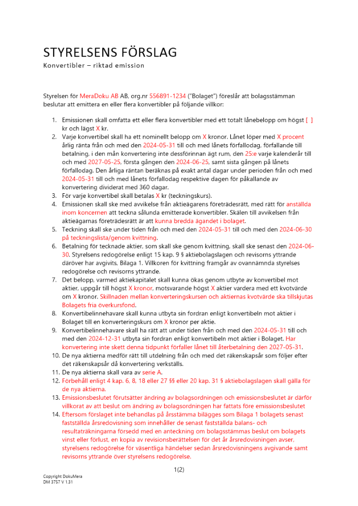 Styrelsens förslag – Riktad konvertibelemission (kvittning) - Privat ej avstämningsbolag 2024