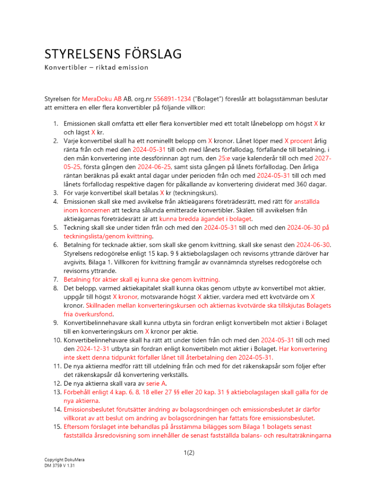 Styrelsens förslag – Riktad konvertibelemission (kvittning) - Publikt ej avstämningsbolag 2024