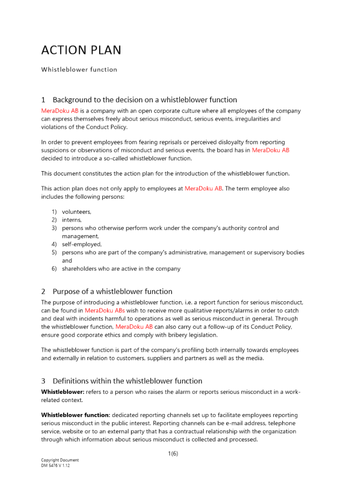 Handlingsplan visselblåsarfunktion Engelsk
